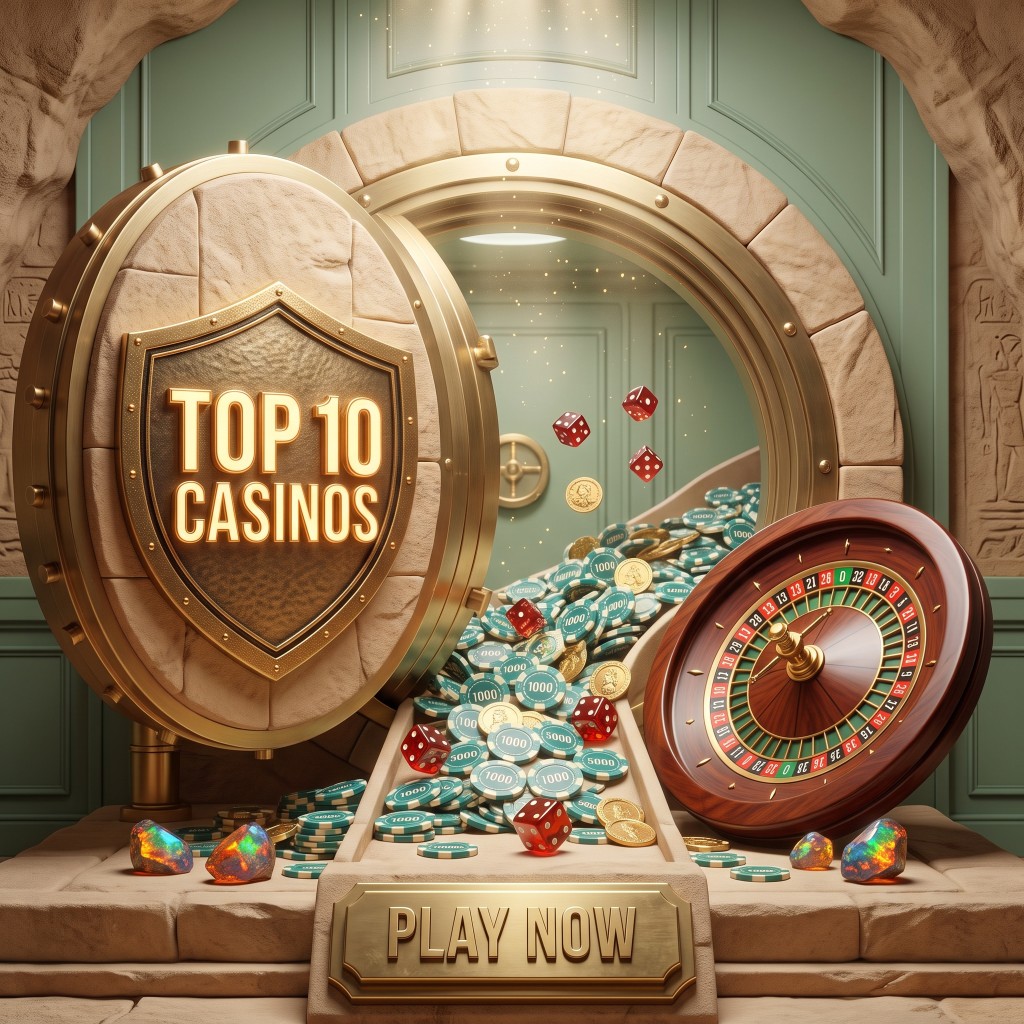 An open golden vault spilling out casino chips, gold coins, dice, and a roulette wheel, with the text TOP 10 CASINOS and a PLAY NOW button.